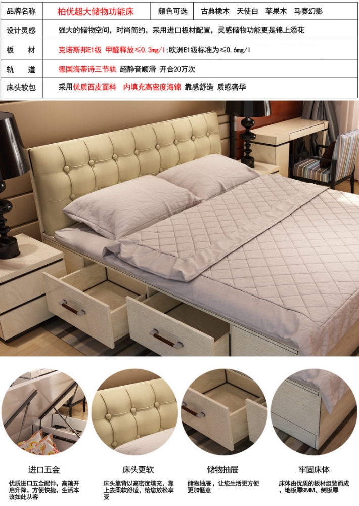 柏優(yōu) 克諾斯邦板床 1.8 1.5米 大容量雙人床 家具定做   （圖）_2
