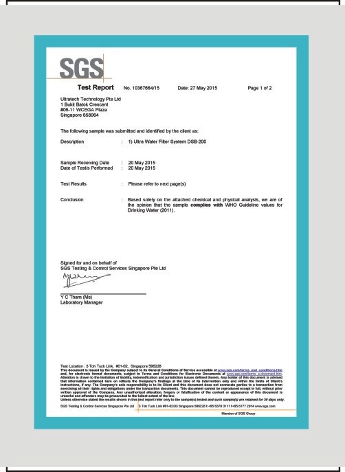 荣获新加坡SGS净水器出水水质检测合格证书A（图）_1